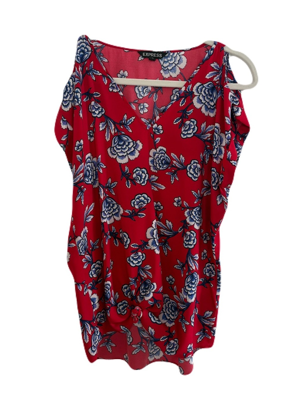 Express Red Floral V-Neck Cold Shoulder Blouse with Blue-White Print - Picture 1 of 5